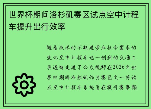 世界杯期间洛杉矶赛区试点空中计程车提升出行效率