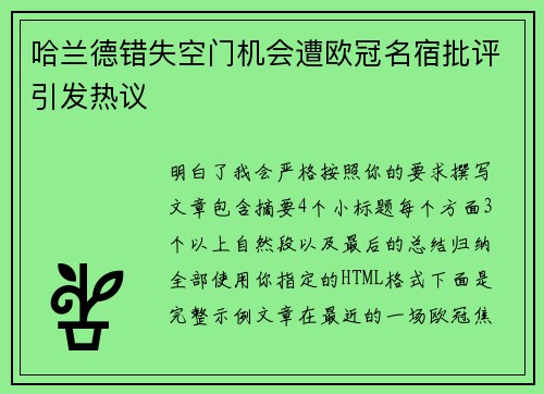 哈兰德错失空门机会遭欧冠名宿批评引发热议 哈兰德错失空门机会遭欧冠名宿批评引发热议
